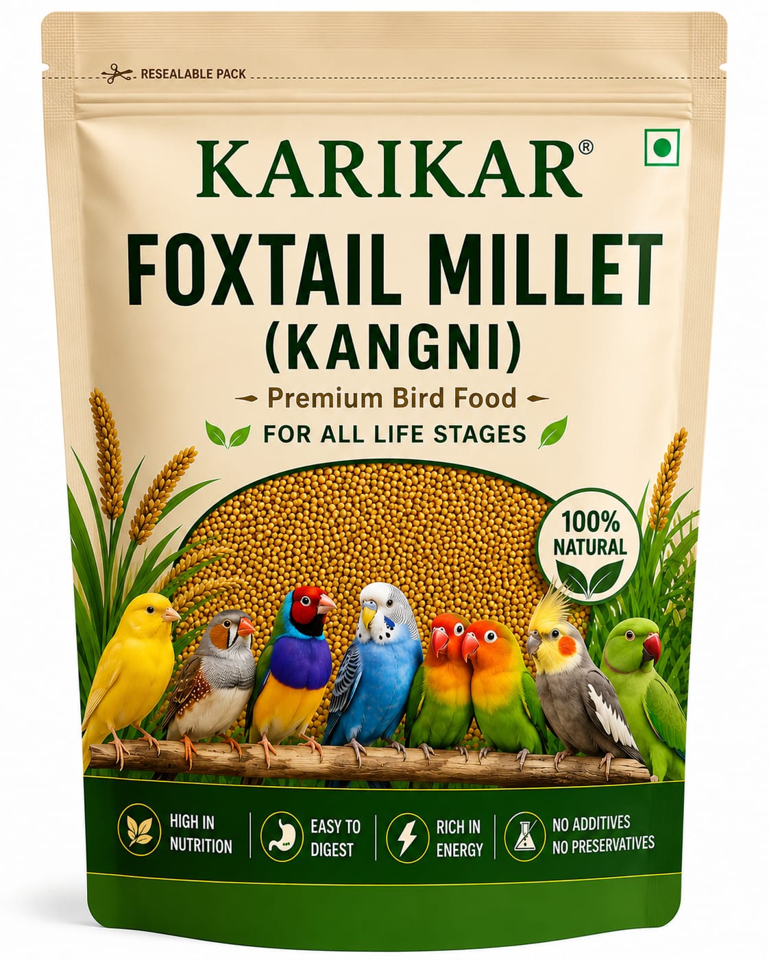 KARIKAR Foxtail Millet (Kangni), Bird Food for All Life Stages Canary, Finches, Waxbills, Budgies, Lovebirds, Cockatiels, Parrots & Parakeets