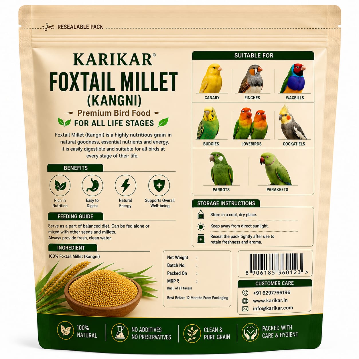 KARIKAR Foxtail Millet (Kangni), Bird Food for All Life Stages Canary, Finches, Waxbills, Budgies, Lovebirds, Cockatiels, Parrots & Parakeets - Image 2