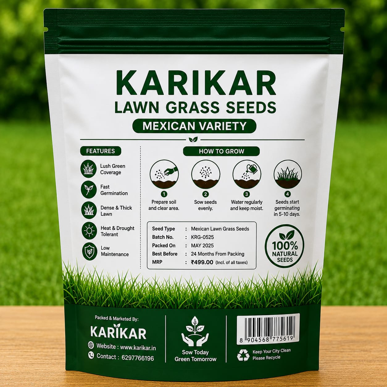 KARIKAR Lawn Grass Seeds, Mexican Variety, Lush Green Coverage for Garden, Terrace & Balcony (1KG)