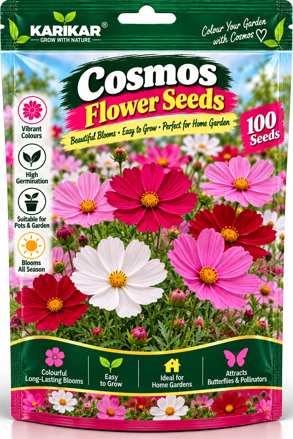 KARIKAR® Cosmos Flower Seeds for Home Garden, Colorful Cosmos Flowering Plants for Pots, Garden Beds, Balcony, Terrace & Outdoor Gardening – 30 Grams Seeds