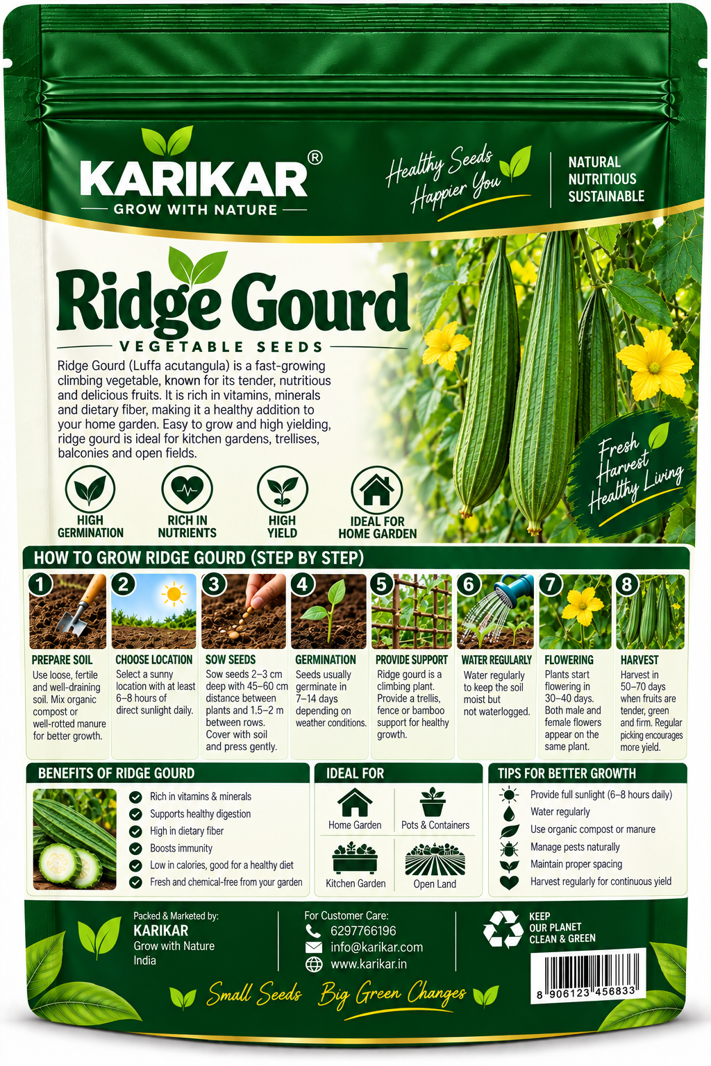 KARIKAR Ridge Gourd Vegetable Seeds for Home Garden, Kitchen Garden & Terrace | Turai Vegetable Seeds for Pots & Containers | High Germination 50+Seeds - Image 2