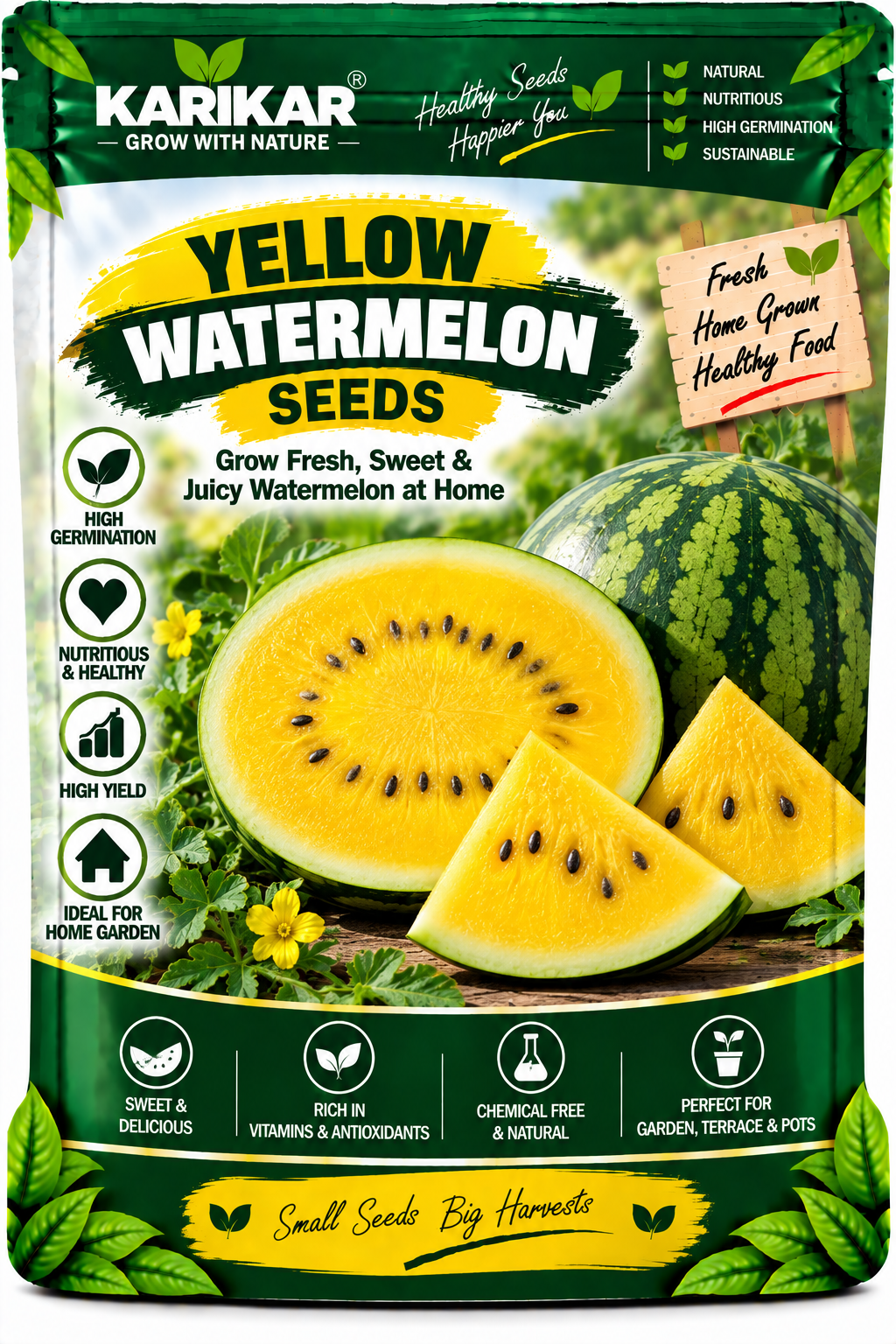 KARIKAR Yellow Watermelon Seeds for Home Garden, Kitchen Garden & Terrace | Yellow Flesh Watermelon Vegetable Fruit Seeds for Pots & Garden | High Germination 50+ Seeds