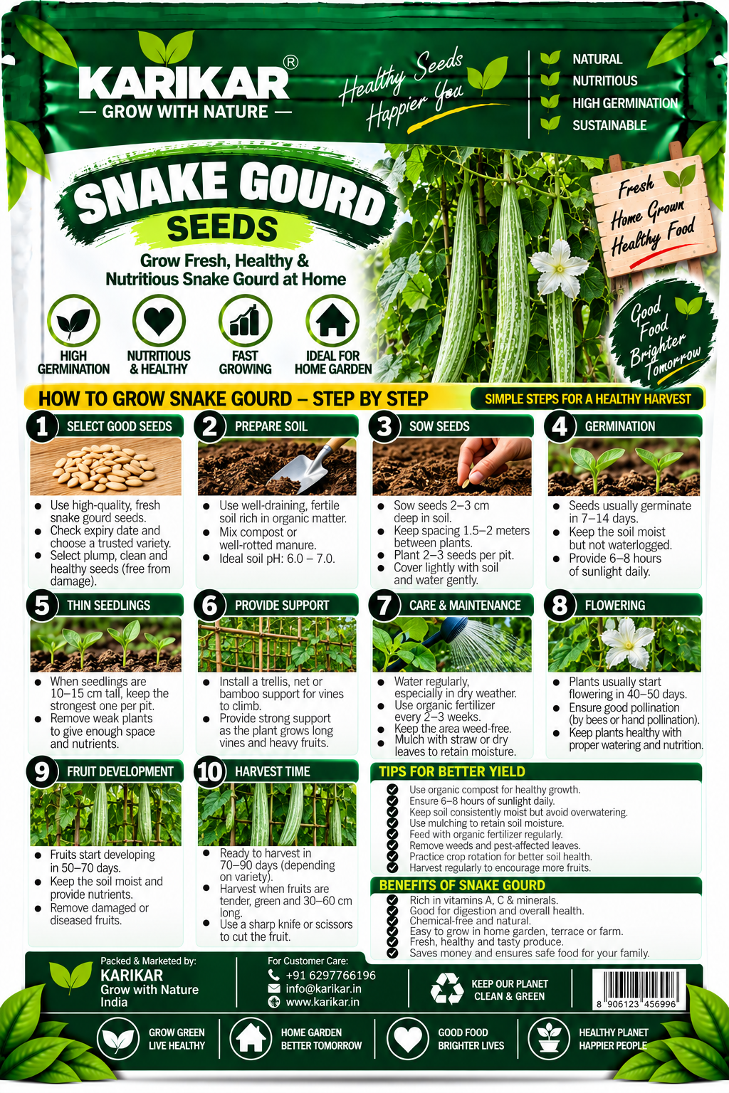 KARIKAR Snake Gourd Seeds for Home Garden | Premium Snake Gourd Vegetable Seeds | High Germination 50+Seeds - Image 2