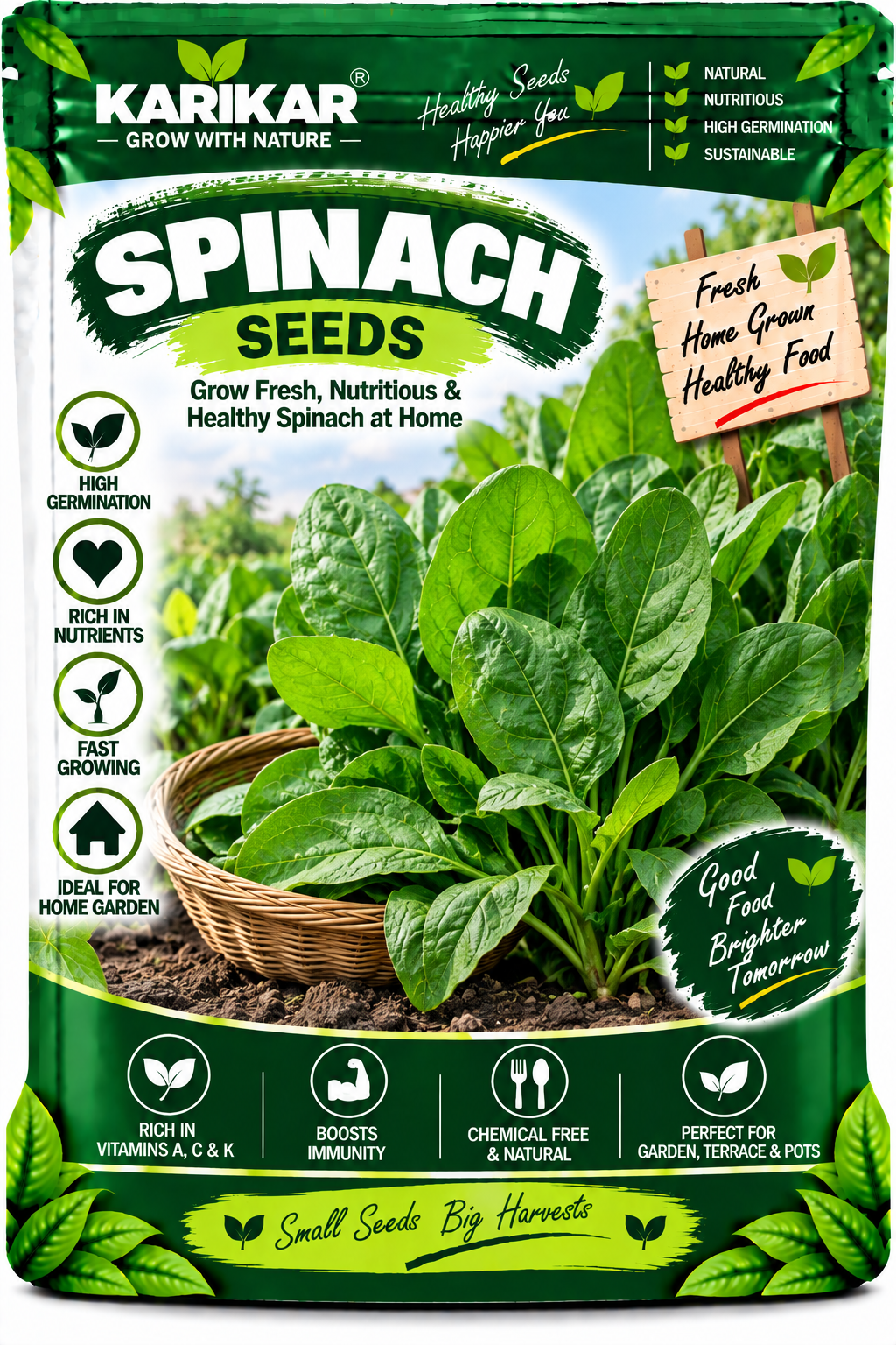 KARIKAR Spinach Seeds for Home Garden, Kitchen Garden & Terrace | Leafy Green Vegetable Seeds for Pots & Containers | High Germination 50+ Seeds