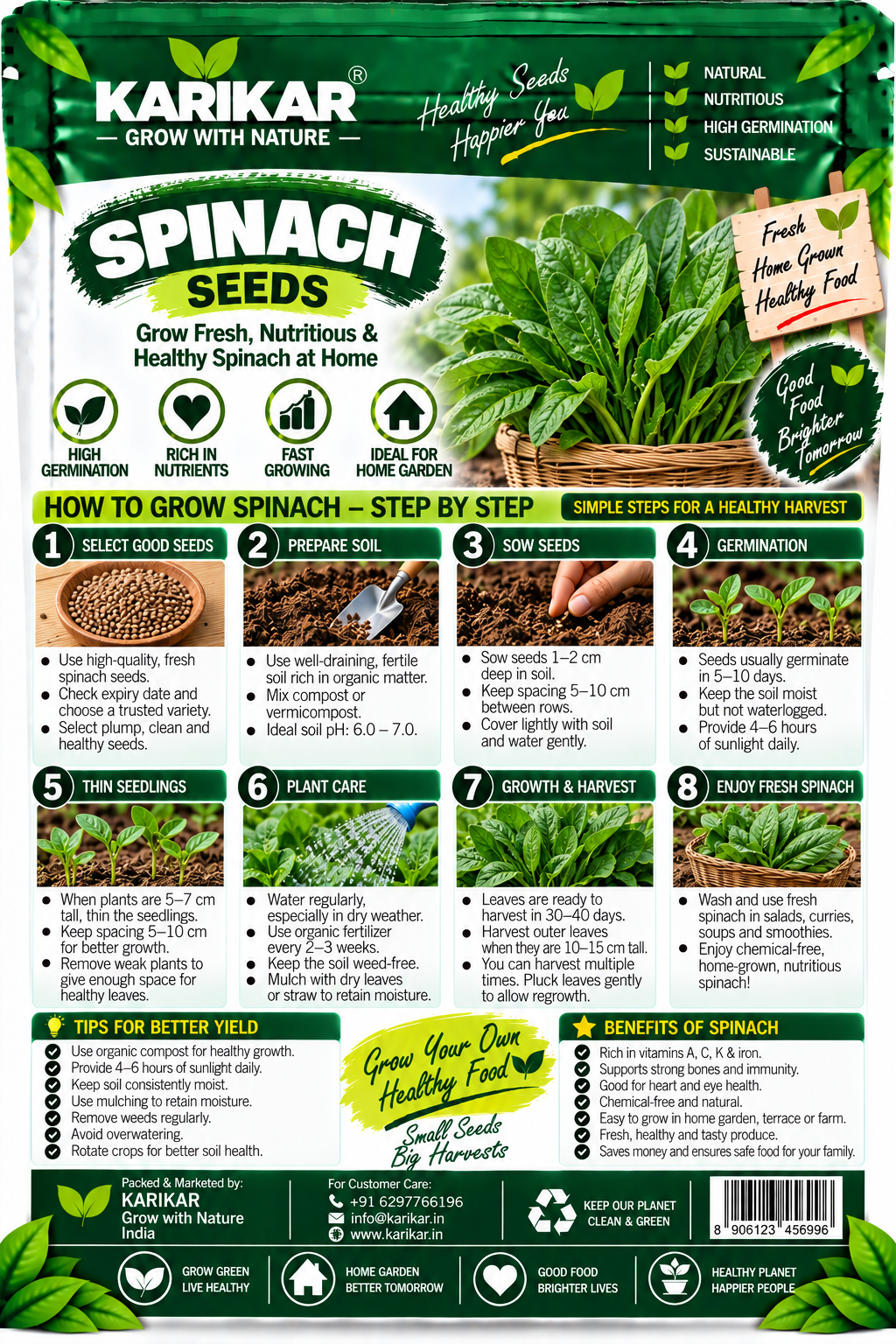 KARIKAR Spinach Seeds for Home Garden, Kitchen Garden & Terrace | Leafy Green Vegetable Seeds for Pots & Containers | High Germination 50+ Seeds - Image 2