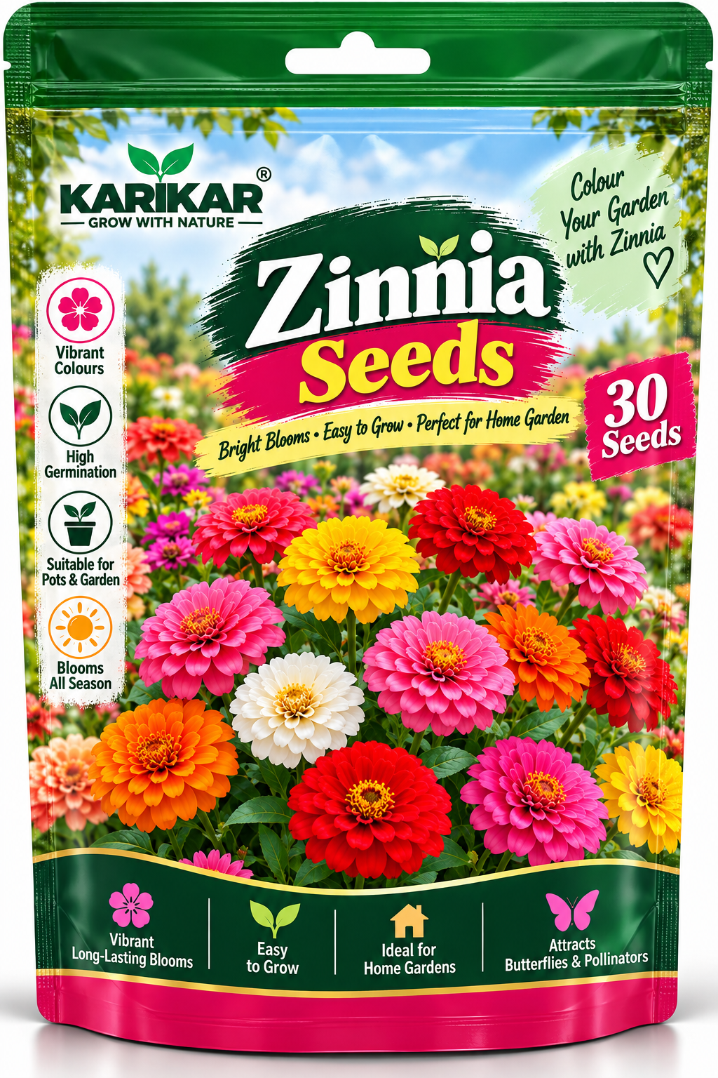 KARIKAR® Zinnia Flower Seeds, 30 Seeds for Home Garden, Vibrant Colourful Blooms -30 Grams Seeds