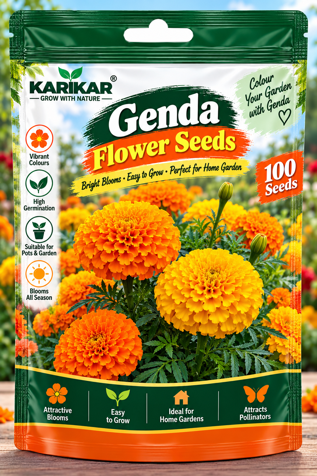 KARIKAR® Genda Flower Seeds for Home Garden, Bright Marigold Flowering Plants – 30 Grams Seeds