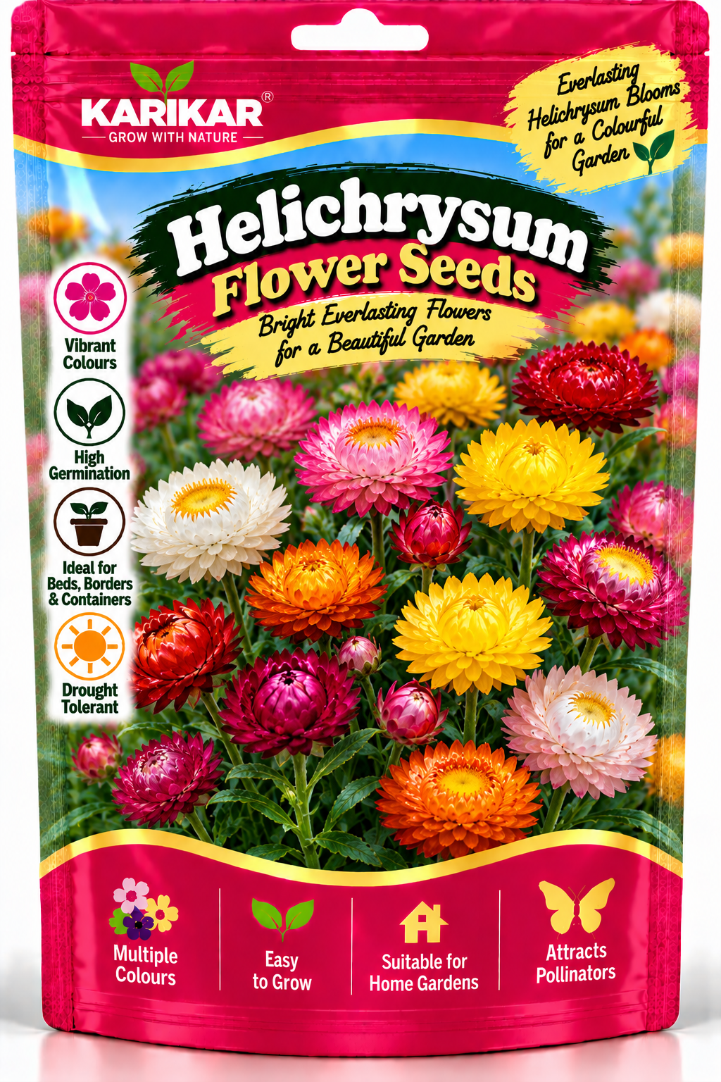 KARIKAR® Helichrysum Flower Seeds for Home Garden, Colorful Strawflower Plants -30 Grams Seeds