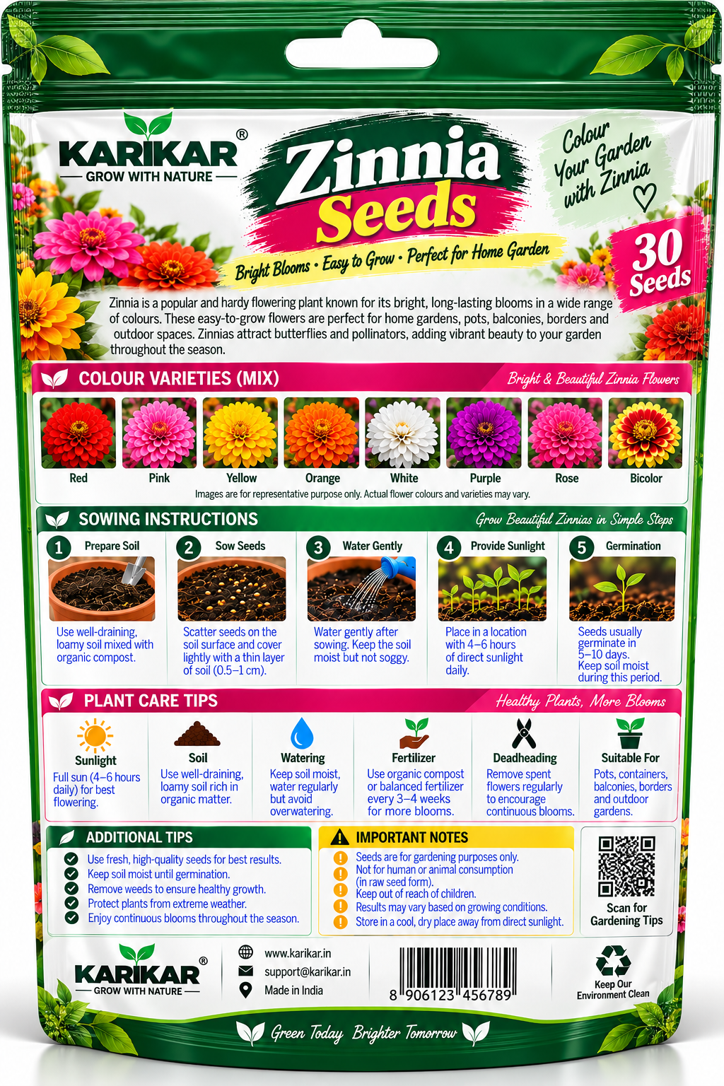 KARIKAR® Zinnia Flower Seeds, 30 Seeds for Home Garden, Vibrant Colourful Blooms -30 Grams Seeds - Image 2