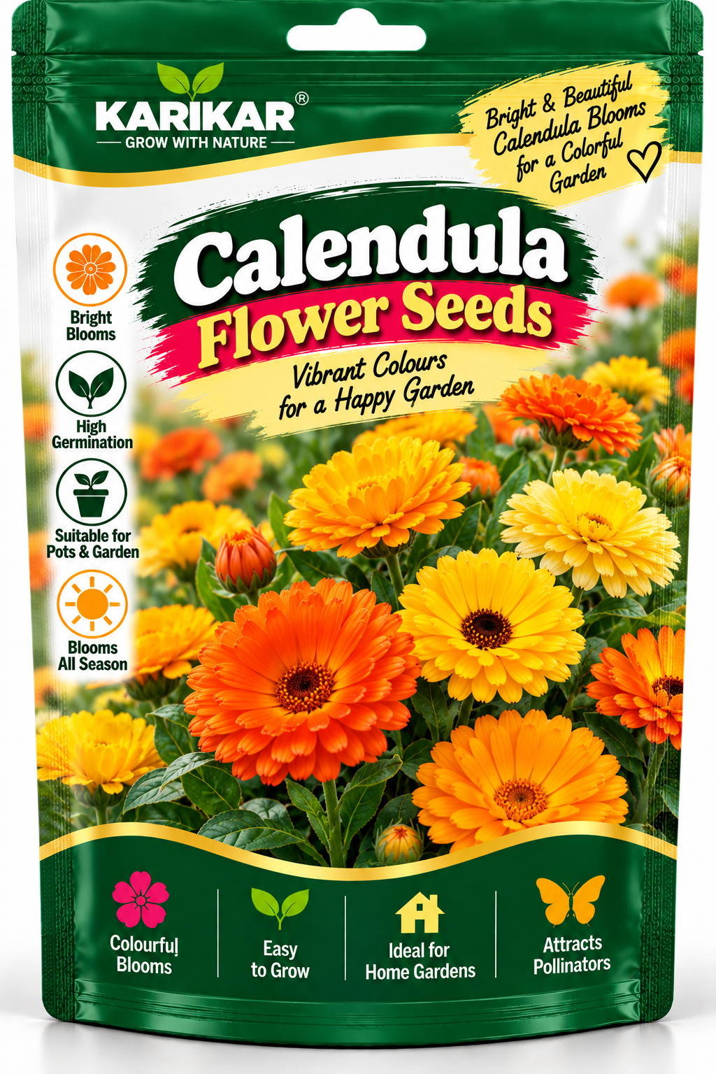 KARIKAR® Calendula Flower Seeds for Home Garden, Bright & Colorful Calendula Flowering Plants for Pots, Garden Beds, Balcony, Terrace & Outdoor Gardening 30 Grams Seeds