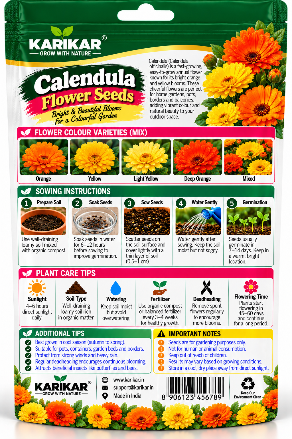 KARIKAR® Calendula Flower Seeds for Home Garden, Bright & Colorful Calendula Flowering Plants for Pots, Garden Beds, Balcony, Terrace & Outdoor Gardening 30 Grams Seeds - Image 2