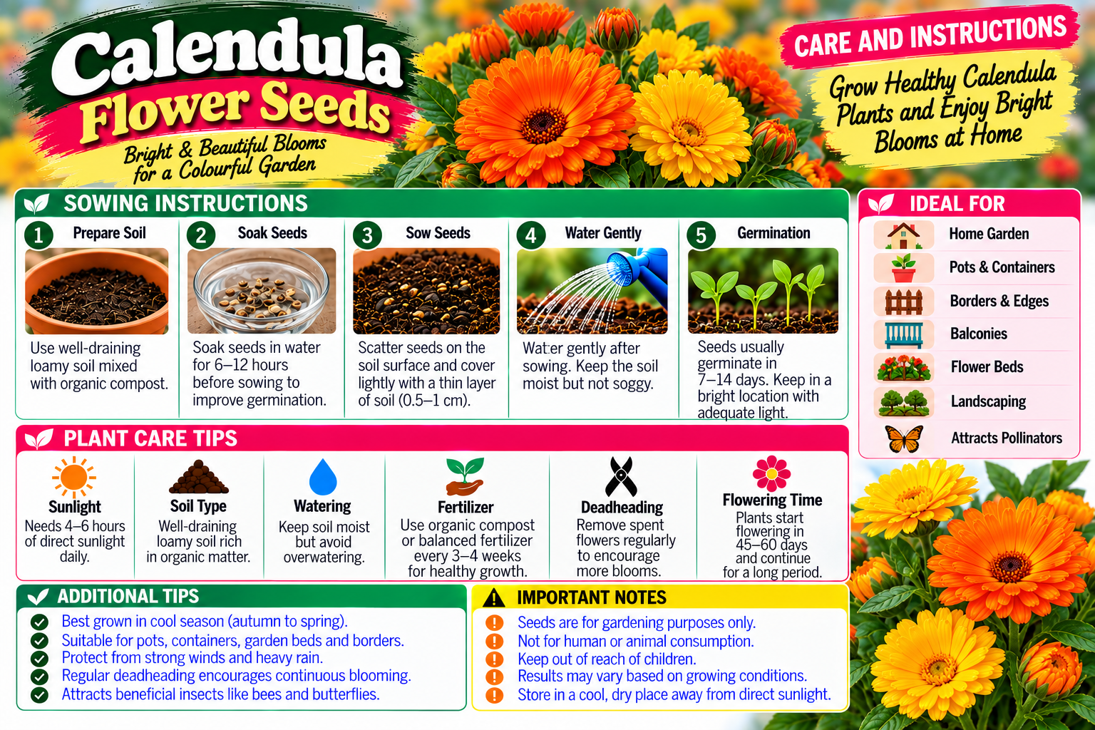 KARIKAR® Calendula Flower Seeds for Home Garden, Bright & Colorful Calendula Flowering Plants for Pots, Garden Beds, Balcony, Terrace & Outdoor Gardening 30 Grams Seeds - Image 3