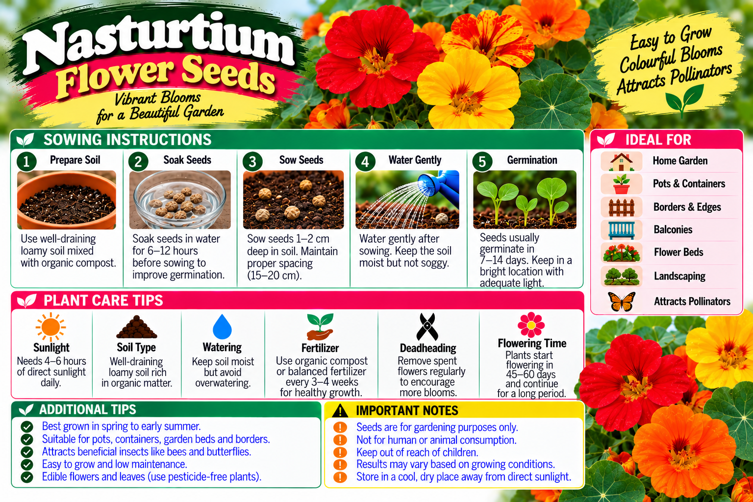 KARIKAR® Nasturtium Flower Seeds for Home Garden, Colorful Nasturtium Flowering Plants -30 Grams Seeds - Image 3