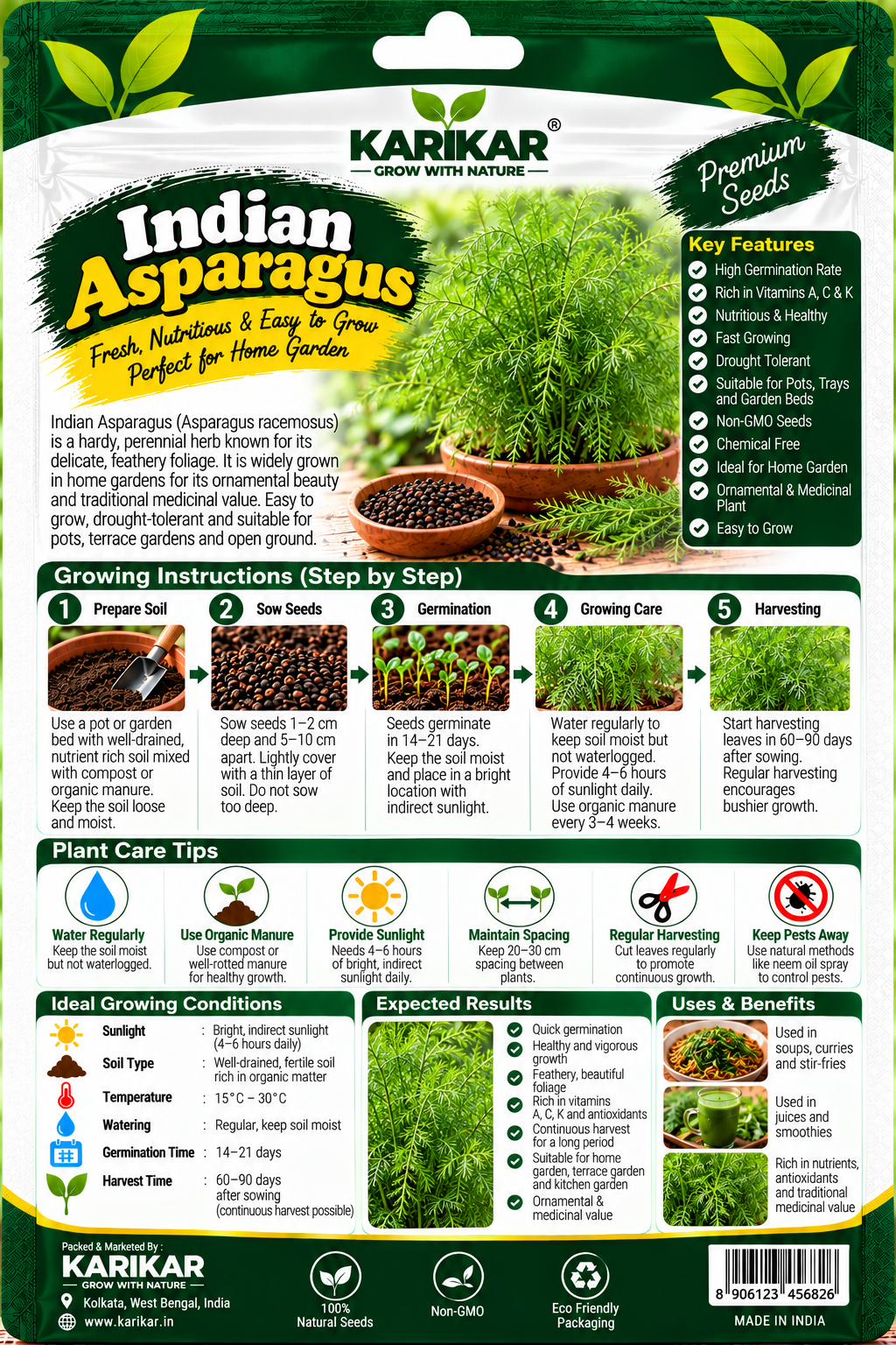 KARIKAR Premium Indian Asparagus Seeds for Home Gardening, Easy to Grow Vegetable 20+Seeds - Image 2