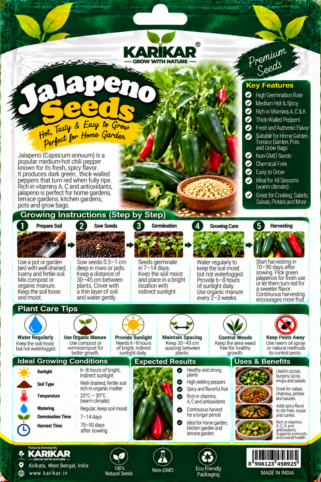 KARIKAR Premium Jalapeno Seeds for Home Gardening, Spicy Green Chilli Vegetable 20+Seeds - Image 2