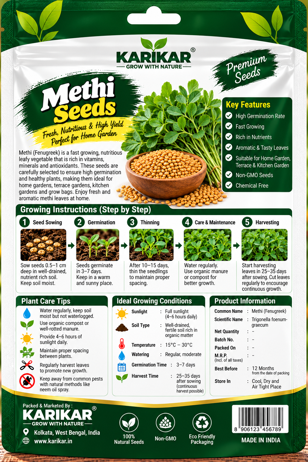 KARIKAR Premium Methi Seeds for Home Gardening, Fenugreek Vegetable 20+Seeds - Image 2