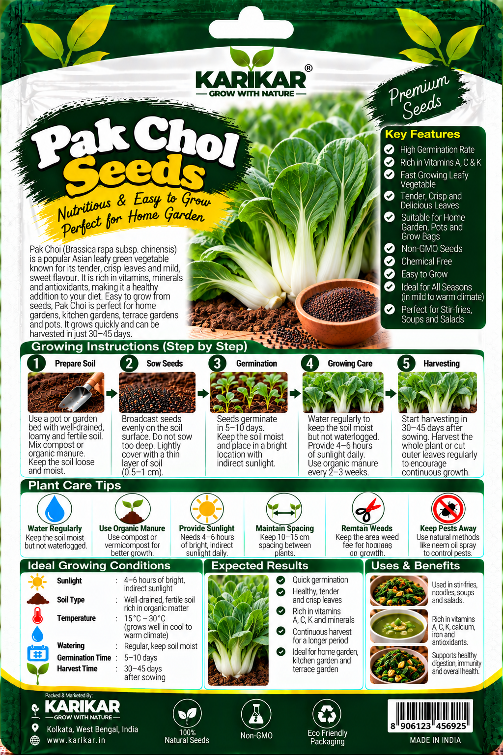 KARIKAR Premium Pak Choi Seeds for Home Gardening, Bok Choy Chinese Cabbage Vegetable 20+Seeds - Image 2