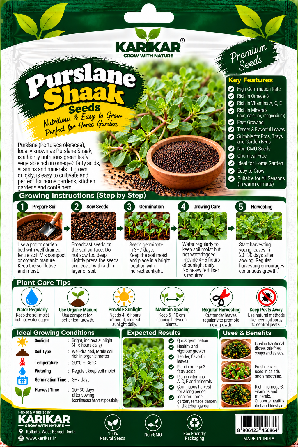 KARIKAR Premium Purslane Shaak Seeds for Home Gardening, Kulfa Vegetable 20+Seeds - Image 2