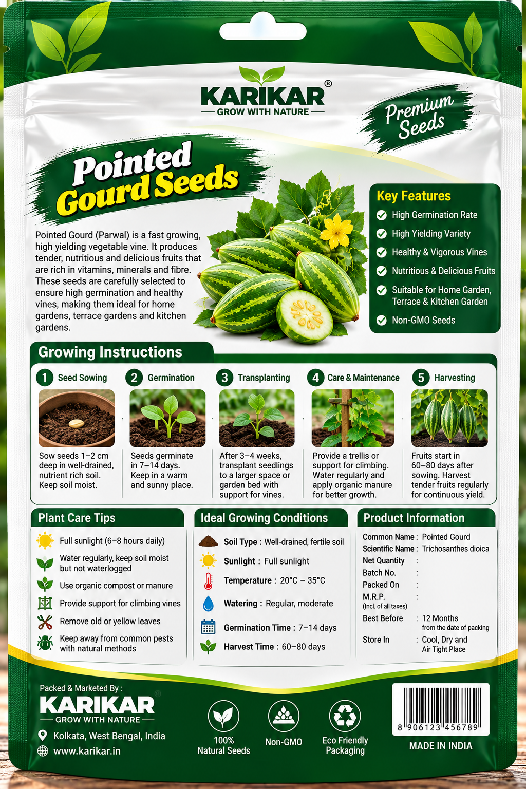 KARIKAR Premium Pointed Gourd Seeds for Home Gardening, Parwal Vegetable 20+Seeds - Image 2